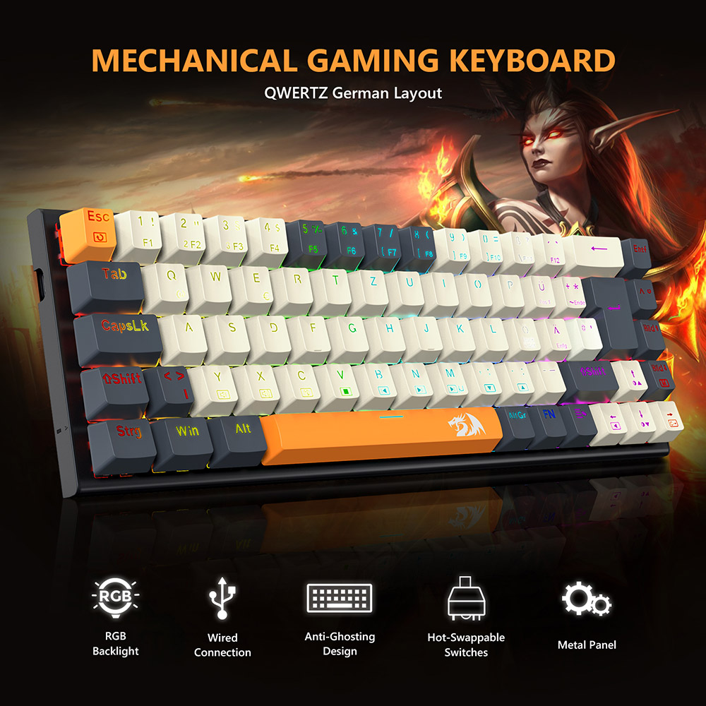 Redragon QWERTZ German Layout K633CGO-RGB Ryze 68-Key Mechanical Gaming Keyboard, Red Switch RGB Backlight Metal Panel USB-C Wired Connection, Hot-Swap Mechanical Switches Programmable Keys Colorful PBT Keycaps with 4 Extra Outemu Switches