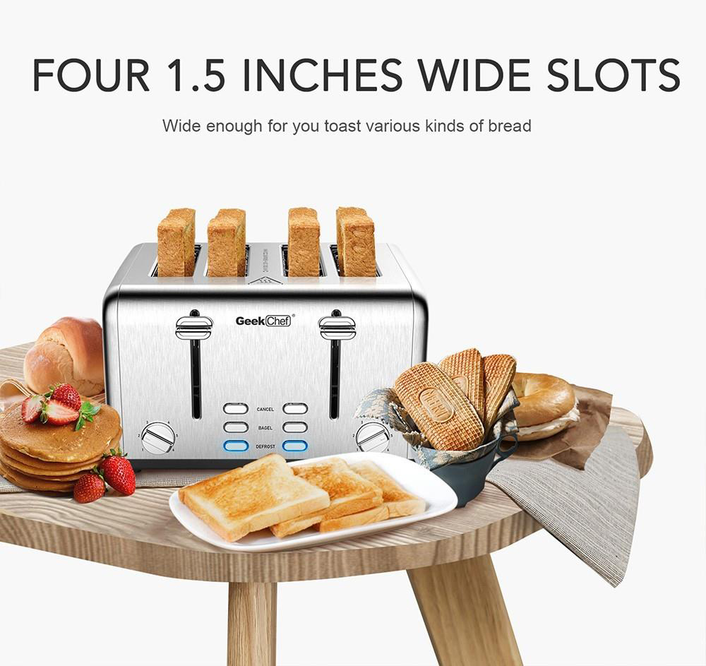 Geek Chef GTS4B-1 Toaster 4 Slice, 1650W Stainless Steel Toaster, 1.5 Inch Extra Wide Slots, Dual Control Panels, Auto Pop-Up, 6 Toasting Bread Shade Settings