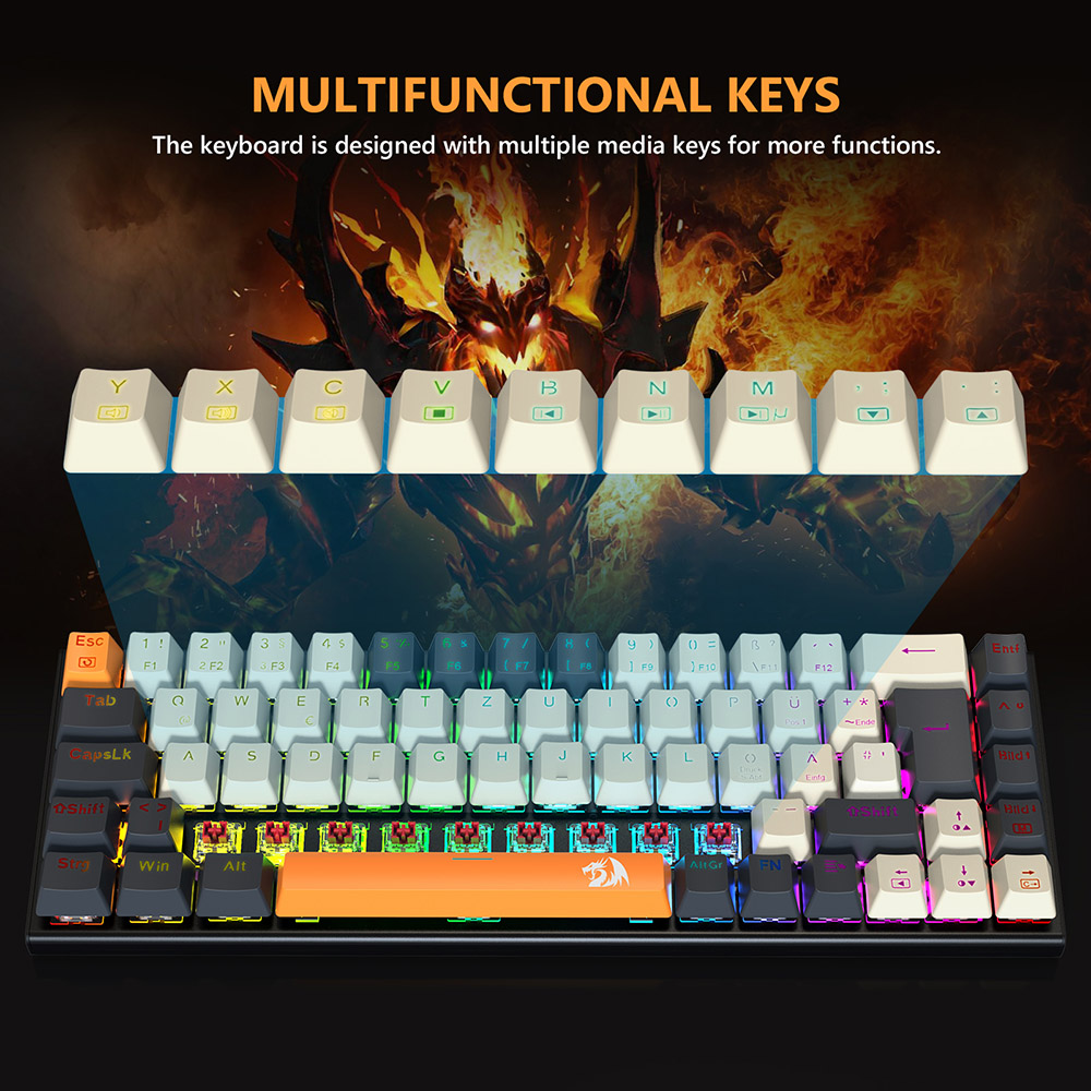 Redragon QWERTZ German Layout K633CGO-RGB Ryze 68-Key Mechanical Gaming Keyboard, Red Switch RGB Backlight Metal Panel USB-C Wired Connection, Hot-Swap Mechanical Switches Programmable Keys Colorful PBT Keycaps with 4 Extra Outemu Switches