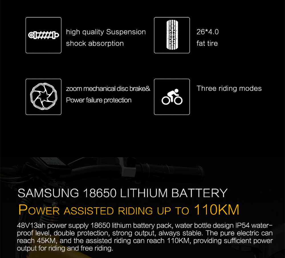 GOGOBEST GF600 Electric Bike 48V 13Ah Battery 1000W Motor 26x4.0 Inch Fat Tire Max Speed 40Km/h 110KM Power-assisted Mileage Range LCD Display IP54 Waterproof Aluminum Alloy Frame Shimano 7-speed Shift - Black Yellow -rockbros-shop 3f9c116046a342b19c93225fae672a05 519223 3