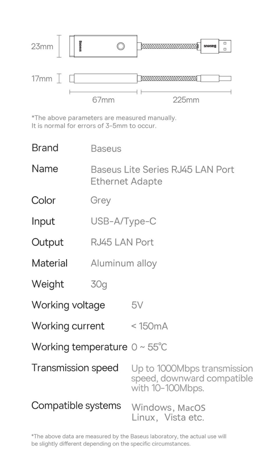 Baseus USB Adapter TypeC 100Mbps to RJ45 LAN Port