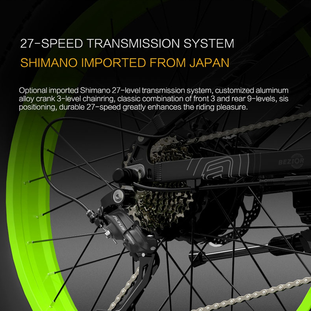 BEZIOR X1500 Folding Electric Mountain Bike 26*4.0 Inch Fat Tires 12.8Ah 48V 1500W 40Km/h 100KM Mileage Max Load 200KG Shimano 27-Speed Shifter - Black Green -rockbros-shop Bezior X1500 12 8Ah 48V 1500W 26 Innch 40Km h 519194 22