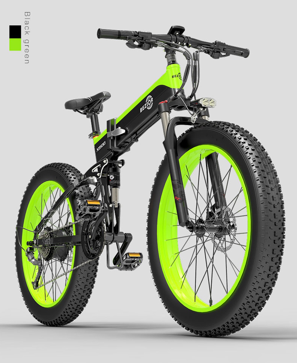 BEZIOR X1500 Folding Electric Mountain Bike 26*4.0 Inch Fat Tires 12.8Ah 48V 1500W 40Km/h 100KM Mileage Max Load 200KG Shimano 27-Speed Shifter - Black Green -rockbros-shop Bezior X1500 12 8Ah 48V 1500W 26 Innch 40Km h 519194 29