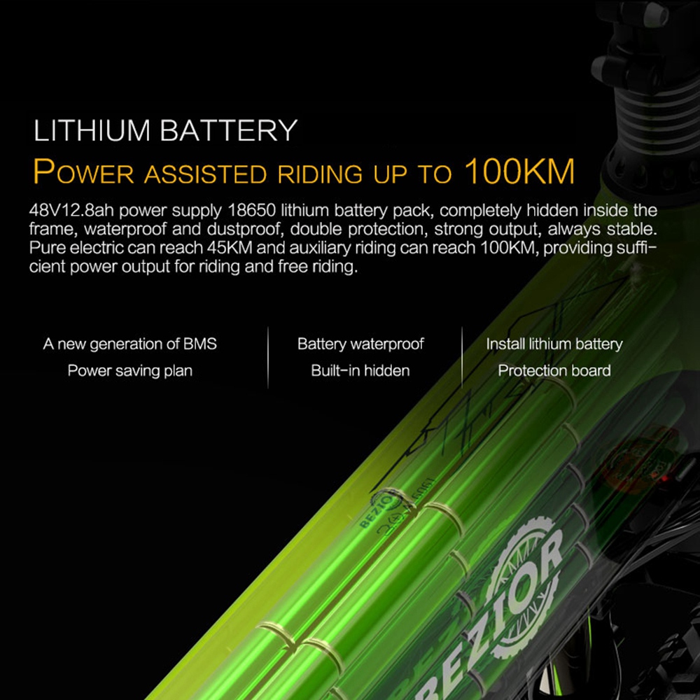 BEZIOR X1500 Folding Electric Mountain Bike 26*4.0 Inch Fat Tires 12.8Ah 48V 1500W 40Km/h 100KM Mileage Max Load 200KG Shimano 27-Speed Shifter - Black Green -rockbros-shop Bezior X1500 12 8Ah 48V 1500W 26 Innch 40Km h 519194 6