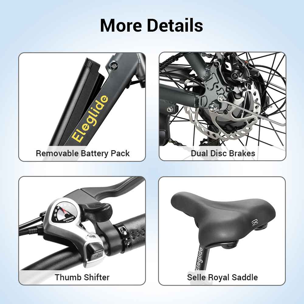 ELEGLIDE T1 STEP-THRU Electric Trekking Bike Trekking Bike 27.5 Inch CST Tires 36V 12.5AH Battery 250W Brushless Motor Shimano 7 Gears Max Speed 25Km/h Max Range 100KM Max Load 120KG IPX4 Waterproof Dual Disk Brake - Gray -rockbros-shop Eleglide T1 Step Thru Electric Moped Bike 36V 12 5AH 250W for Trekking 519534 10
