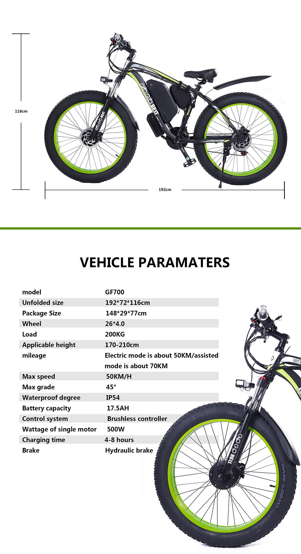 GOGOBEST GF700 26*4.0 Inch Fat Tire Electric Mountain Bike 48V 17.5Ah Battery 2*500W Dual Motor Max Speed 50Km/h 70KM Power-Assisted Range Max Load 200KG IP54 Waterproof Hydraulic Disc Brake MTB Bike 6061 Aluminum Alloy Frame - Black Green -rockbros-shop GOGOBEST GF700 Electric Mountain Bike 519217 10