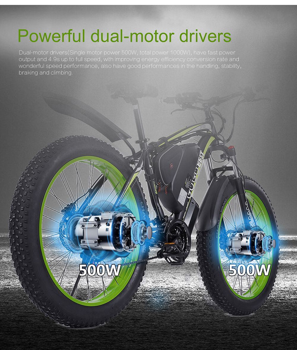 GOGOBEST GF700 26*4.0 Inch Fat Tire Electric Mountain Bike 48V 17.5Ah Battery 2*500W Dual Motor Max Speed 50Km/h 70KM Power-Assisted Range Max Load 200KG IP54 Waterproof Hydraulic Disc Brake MTB Bike 6061 Aluminum Alloy Frame - Black Green -rockbros-shop GOGOBEST GF700 Electric Mountain Bike 519217 2