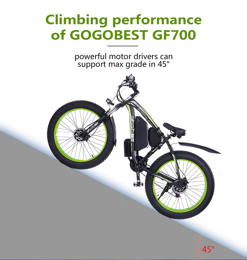 GOGOBEST GF700 26*4.0 Inch Fat Tire Electric Mountain Bike 48V 17.5Ah Battery 2*500W Dual Motor Max Speed 50Km/h 70KM Power-Assisted Range Max Load 200KG IP54 Waterproof Hydraulic Disc Brake MTB Bike 6061 Aluminum Alloy Frame - Black Green -rockbros-shop GOGOBEST GF700 Electric Mountain Bike 519217 5