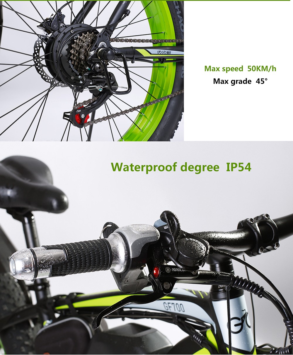 GOGOBEST GF700 26*4.0 Inch Fat Tire Electric Mountain Bike 48V 17.5Ah Battery 2*500W Dual Motor Max Speed 50Km/h 70KM Power-Assisted Range Max Load 200KG IP54 Waterproof Hydraulic Disc Brake MTB Bike 6061 Aluminum Alloy Frame - Black Green -rockbros-shop GOGOBEST GF700 Electric Mountain Bike 519217 8