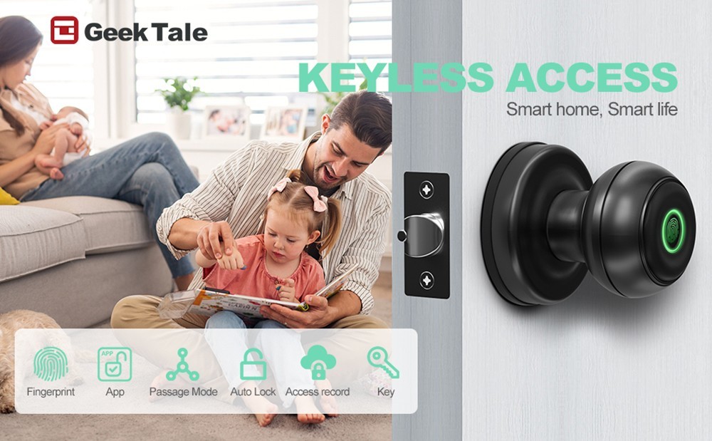 Geek Chef GeekTale K01-01 Smart Door Knob, Biometric Fingerprint Door Lock, App Control, Emergency Backup Keys - Black -JIMMY Shop Geek Chef GeekTale K01 01 Smart Fingerprint Door Knob Black 519281 1