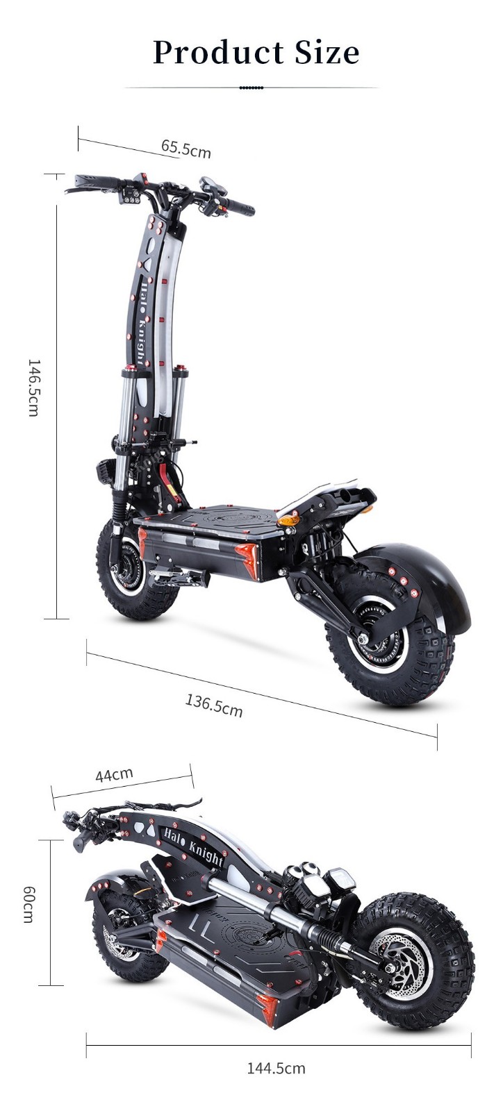 Halo Knight T107Max Off-road Electric Scooter 14 palcové pneumatiky 2*4000W duálne motory 120Km/h max. rýchlosť 72V 50Ah batéria 125KM max. dojazd 200KG max. zaťaženie XOD hydraulická brzda & elektrická brzda čierna