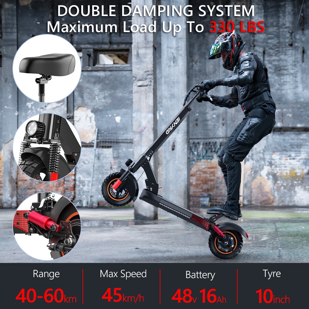 IENYRID M4 Pro S Electric Scooter 10 Inch Off-Road Tires 48V 600W Motor 40-45Km/h Max Speed 16Ah Lithium Battery 40-60KM Range 150KG Max Load Mechanical Disc Brakes With Seat -rockbros-shop IENYRID M4 Pro S Electric Scooter 519365 1