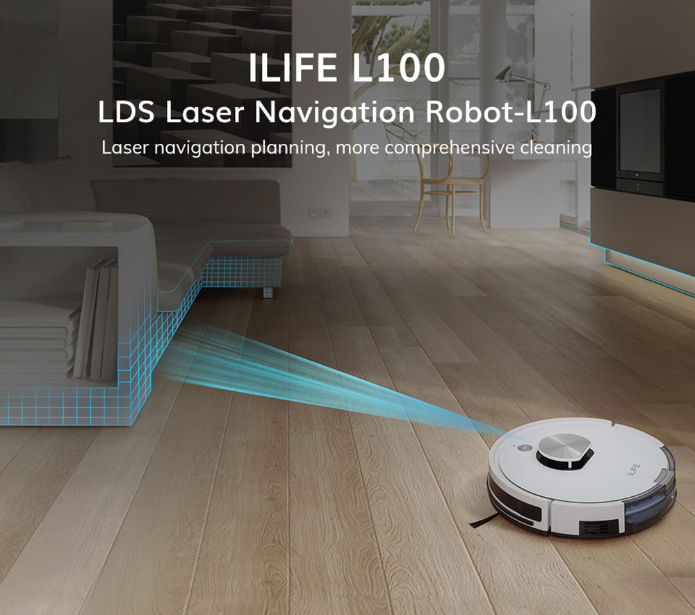 ILIFE L100 Robot Vacuum Cleaner 2000Pa Suction LDS Laser Navigation 2900mAh Battery 90Mins Run Time 450ml Dust Tank Carpet Boost Alexa Google Assistant APP Control - White