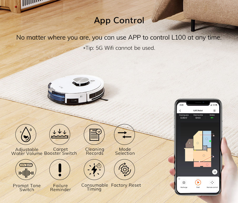 ILIFE L100 Robot Vacuum Cleaner 2000Pa Suction LDS Laser Navigation 2900mAh Battery 90Mins Run Time 450ml Dust Tank Carpet Boost Alexa Google Assistant APP Control - White