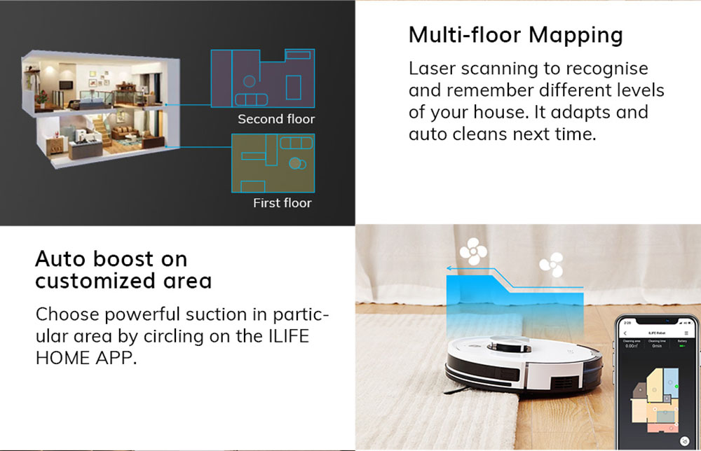ILIFE L100 Robot Vacuum Cleaner 2000Pa Suction LDS Laser Navigation 2900mAh Battery 90Mins Run Time 450ml Dust Tank Carpet Boost Alexa Google Assistant APP Control - White