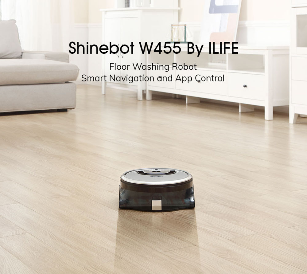 ILIFE W455 Floor Washing Robot 1000Pa Suction Shinebot Gyroscope Camera Navigation 900ml Large Water Tank Roller Brush Speed & Water Flow Adjustable APP Control Voice Broadcast  - Silver