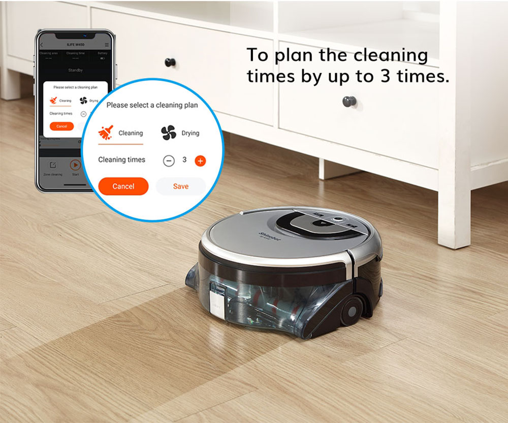 ILIFE W455 Floor Washing Robot 1000Pa Suction Shinebot Gyroscope Camera Navigation 900ml Large Water Tank Roller Brush Speed & Water Flow Adjustable APP Control Voice Broadcast  - Silver