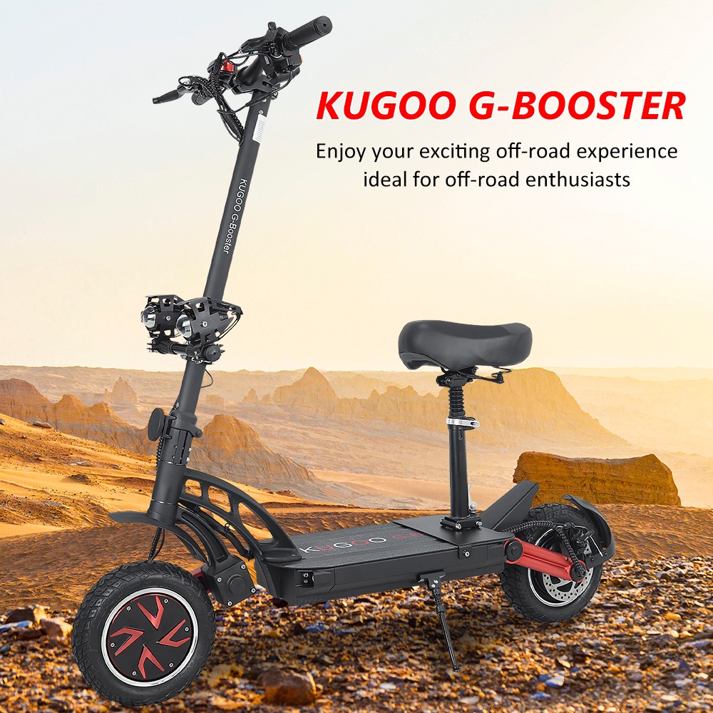 KUGOO G-Booster Folding Electric Scooter 10 Inch Tires 2*800W Dual Motors 3 Speed Modes Max 55Km/h Speed 48V 23AH Battery For 85KM Range Max Load 120KG Dual Disc Brakes With Seat - Black -rockbros-shop KUGOO G Booster Electric Scooter 10 Tire 519363 1