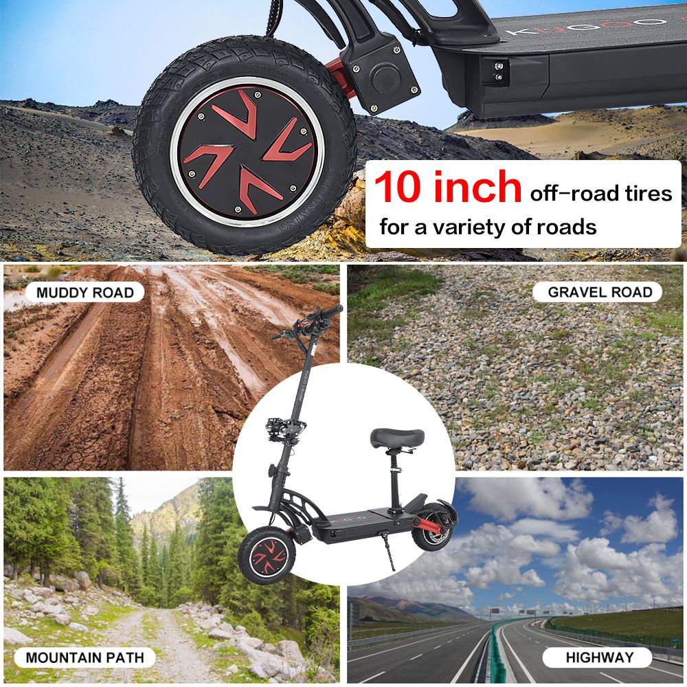 KUGOO G-Booster Folding Electric Scooter 10 Inch Tires 2*800W Dual Motors 3 Speed Modes Max 55Km/h Speed 48V 23AH Battery For 85KM Range Max Load 120KG Dual Disc Brakes With Seat - Black -rockbros-shop KUGOO G Booster Electric Scooter 10 Tire 519363 14