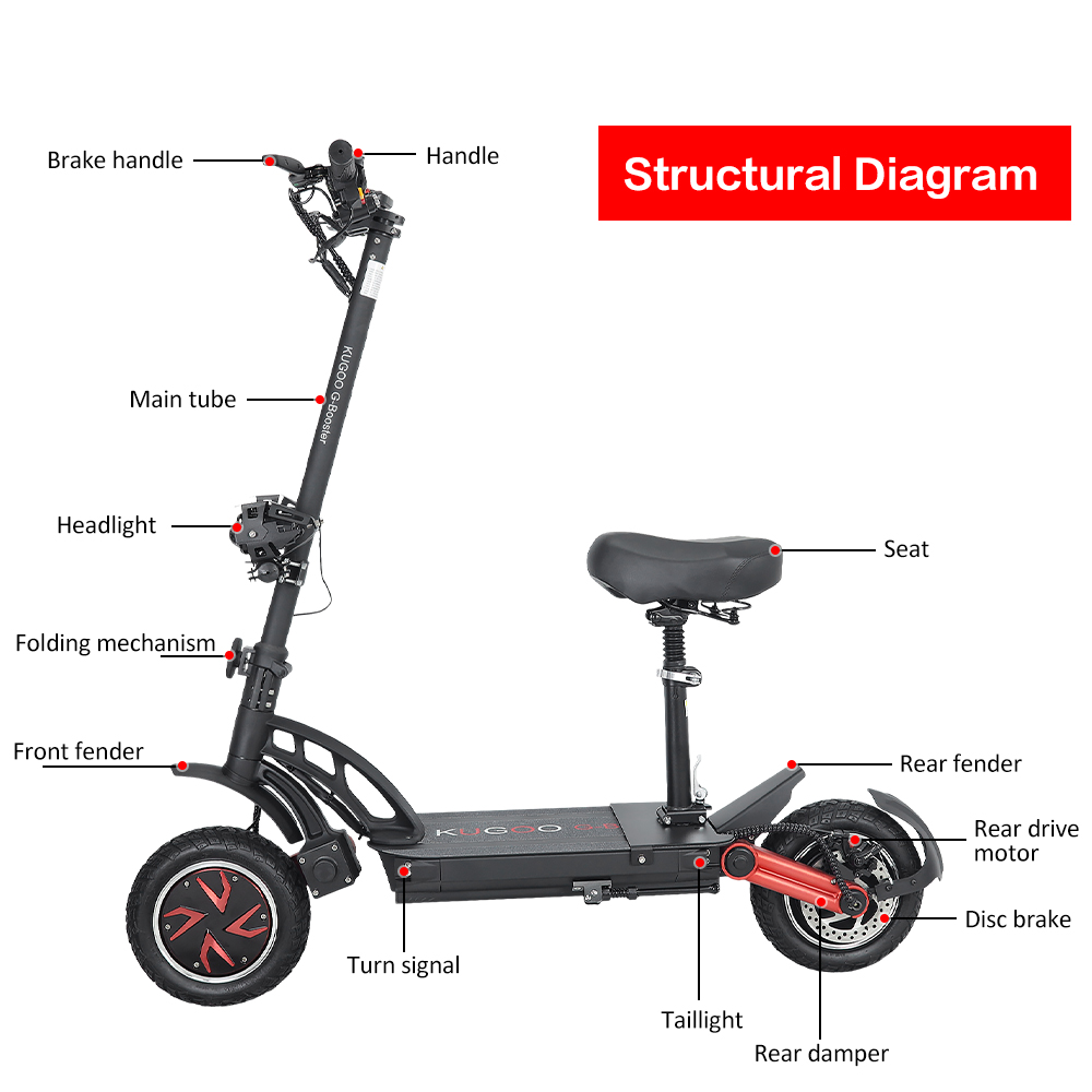 KUGOO G-Booster Folding Electric Scooter 10 Inch Tires 2*800W Dual Motors 3 Speed Modes Max 55Km/h Speed 48V 23AH Battery For 85KM Range Max Load 120KG Dual Disc Brakes With Seat - Black -rockbros-shop KUGOO G Booster Electric Scooter 10 Tire 519363 9