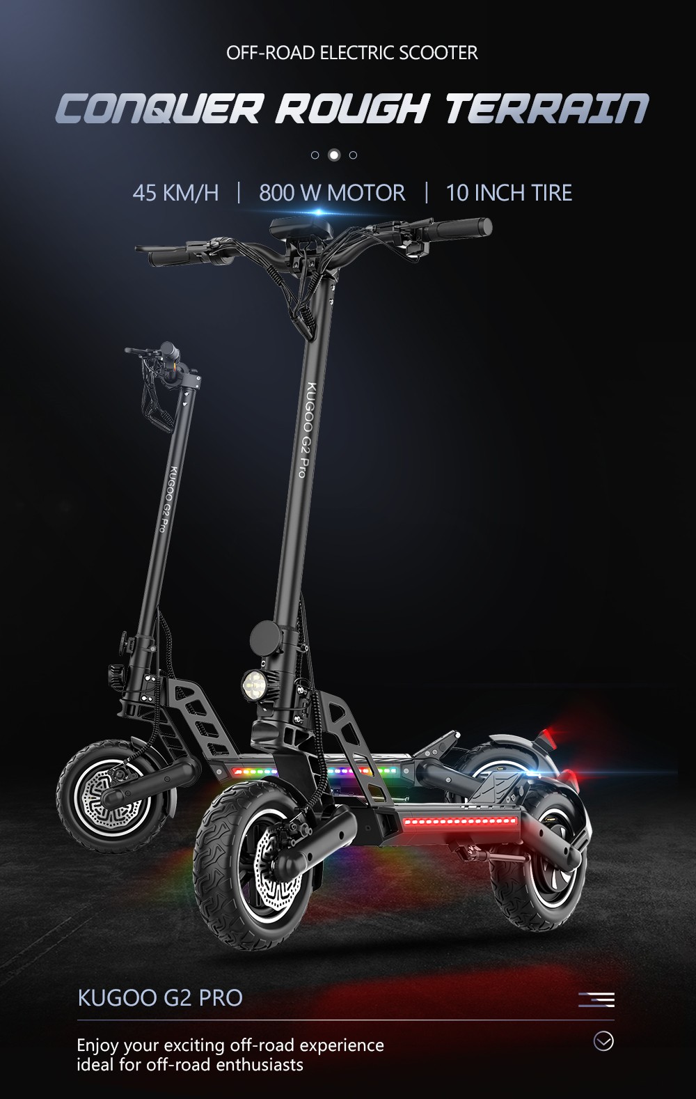 KUGOO G2 PRO Electric Scooter 10 Inch Off-Road Tire 800W Motor 45Km/h Max Speed 48V 15Ah Battery For 50KM Range 130KG Max Load E-Brake Disc Brake -rockbros-shop KUGOO G2 PRO Electric Scooter 519364 0