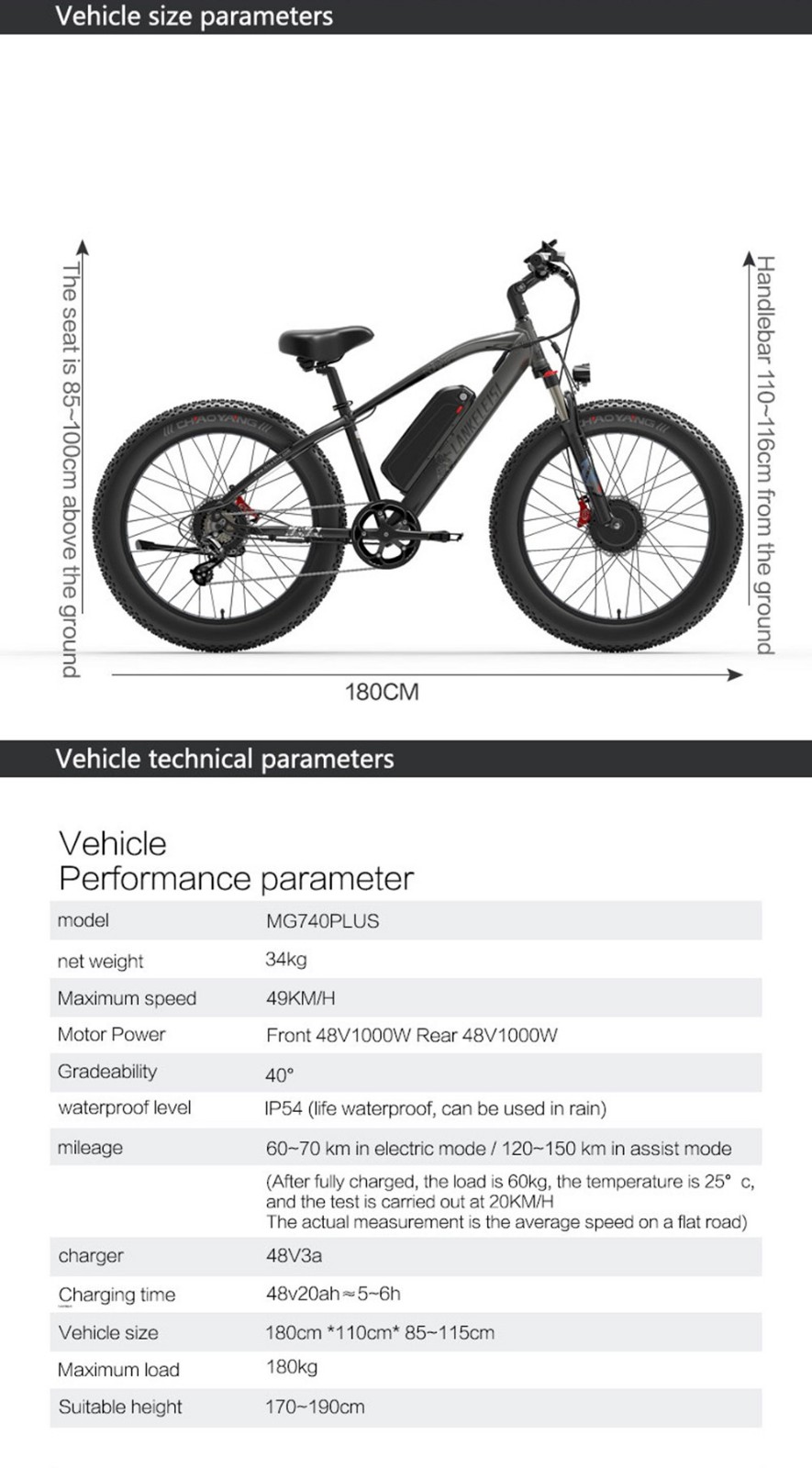 LANKELEISI MG740 PLUS Electric Bike 26*4.0'' Tires 1000W*2 Dual Motor 20Ah Battery 49km/h Max Speed - Black & Blue -rockbros-shop LANKELEISI MG740 PLUS Electric Bike Black Blue 519177 15