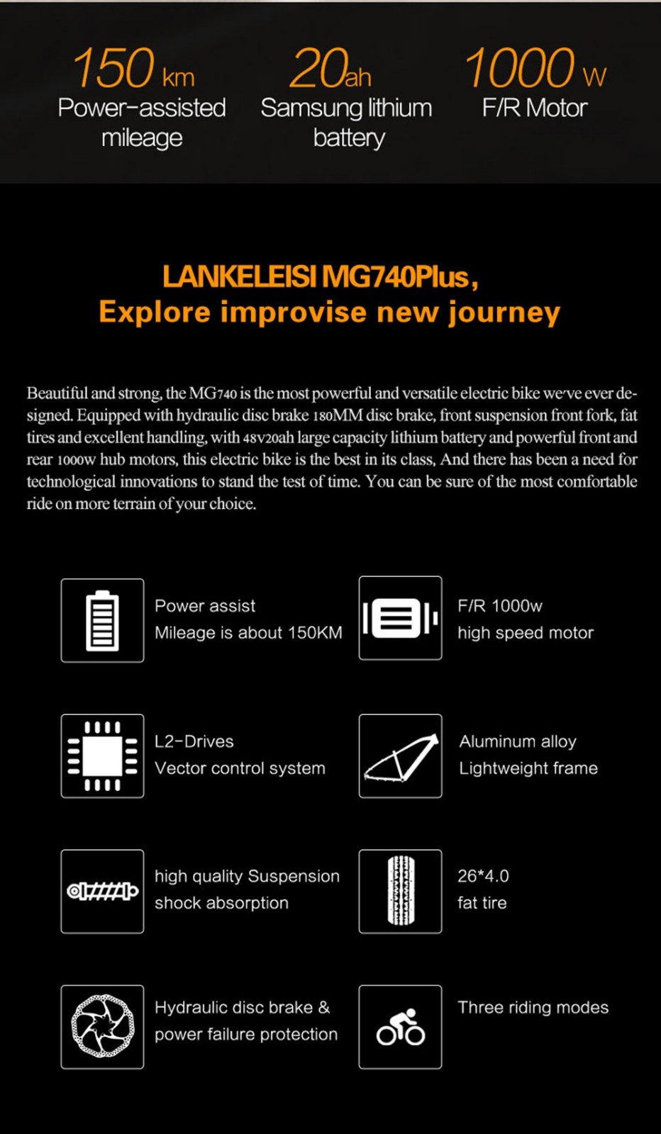 LANKELEISI MG740 PLUS Electric Bike 26*4.0'' Tires 1000W*2 Dual Motor 20Ah Battery 49km/h Max Speed - Black & Grey -rockbros-shop LANKELEISI MG740 PLUS Electric Bike Black Grey 519176 1