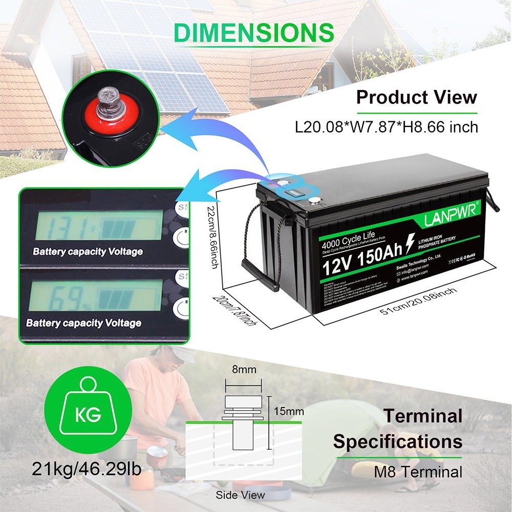 LANPWR LiFePO4 Battery Pack 12V 150Ah 1920Wh Lithium Battery, Built-in 100A BMS, IP65 Waterproof, For Replacing Most Of Backup Power, Home Energy Storage And Off-Grid -IMOU Sales LANPWR LiFePO4 Battery Pack 12V 150Ah 519512 0