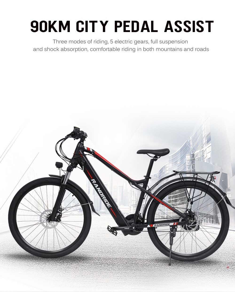 RANDRIDE Y90 Electric Bike 500W Motor 40km/h Max Speed 48V 13.6Ah Battery 90km Max Range 27.5*1.95'' Tire 150kg Load - Black -rockbros-shop RANDRIDE Y90 Electric Bike 500W Motor Black 519593 1