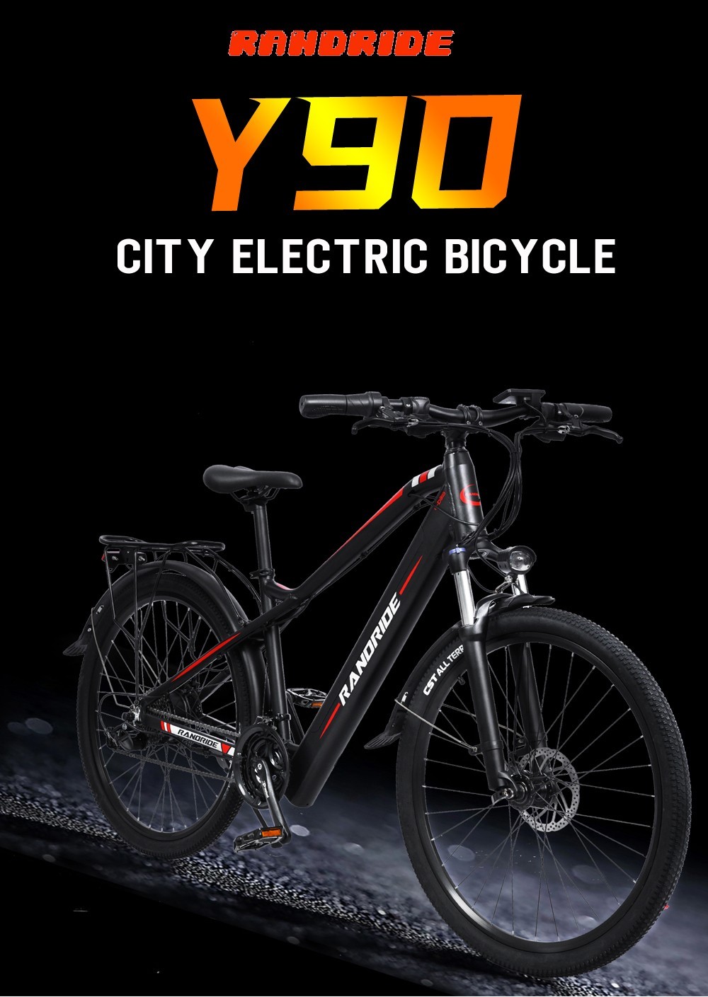 RANDRIDE Y90 Electric Bike 500W Motor 40km/h Max Speed 48V 13.6Ah Battery 90km Max Range 27.5*1.95'' Tire 150kg Load - Black Grey -rockbros-shop RANDRIDE Y90 Electric Bike 500W Motor Black Grey 519595 0
