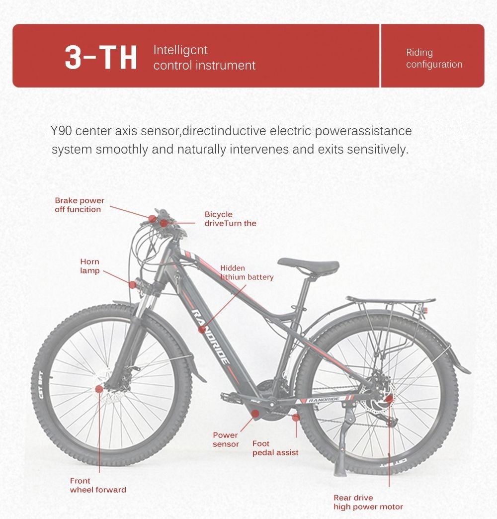 RANDRIDE Y90 Electric Bike 500W Motor 40km/h Max Speed 48V 13.6Ah Battery 90km Max Range 27.5*1.95'' Tire 150kg Load - Black Grey -rockbros-shop RANDRIDE Y90 Electric Bike 500W Motor Black Grey 519595 20