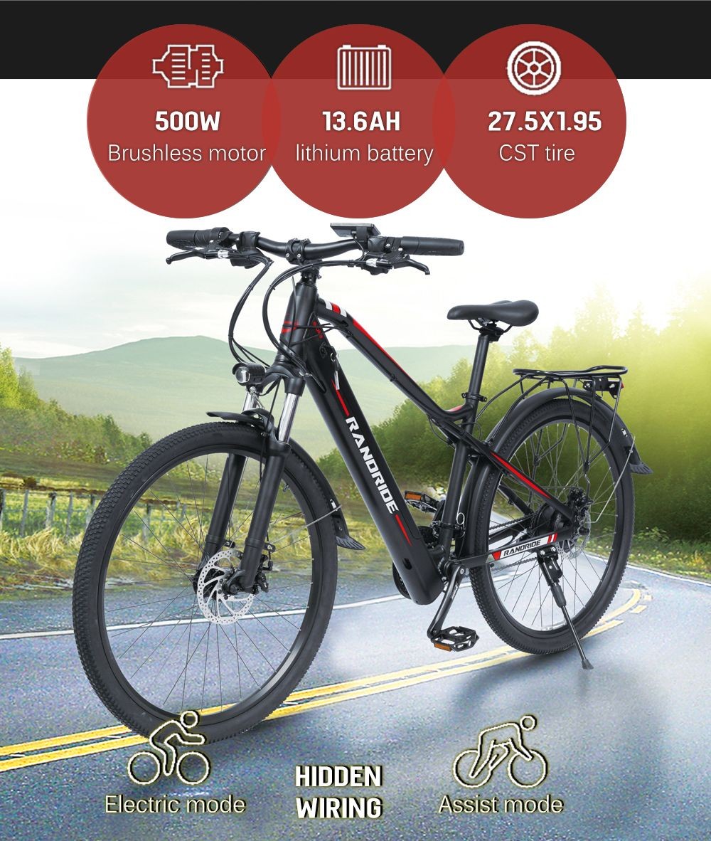 RANDRIDE Y90 Electric Bike 500W Motor 40km/h Max Speed 48V 13.6Ah Battery 90km Max Range 27.5*1.95'' Tire 150kg Load - Black Grey -rockbros-shop RANDRIDE Y90 Electric Bike 500W Motor Black Grey 519595 4