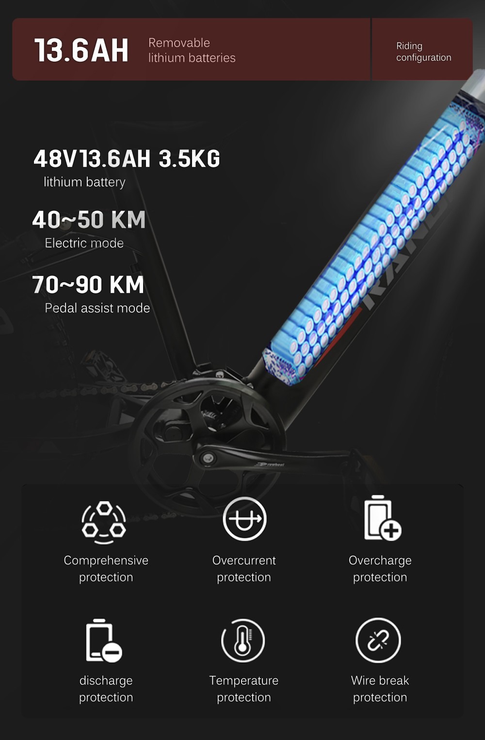 RANDRIDE Y90 Electric Bike 500W Motor 40km/h Max Speed 48V 13.6Ah Battery 90km Max Range 27.5*1.95'' Tire 150kg Load - Black Grey -rockbros-shop RANDRIDE Y90 Electric Bike 500W Motor Black Grey 519595 6