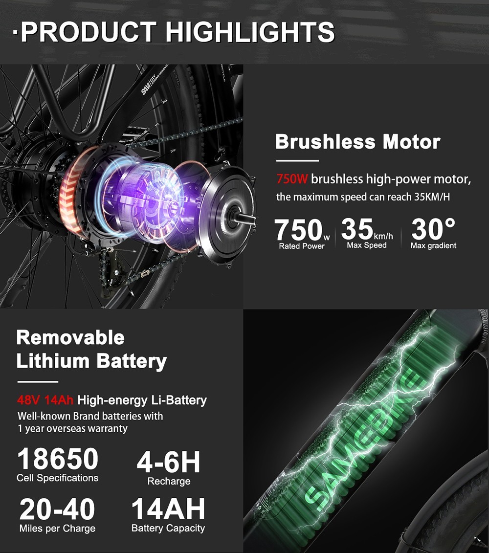 Samebike RS-A01 Electric Bike 750W Motor 70N.m 25-35km/h Max Speed 48V 14Ah Battery 26*3'' Tires With Rear Rack - White -rockbros-shop Samebike RS A01 Electric Bike White 519516 2