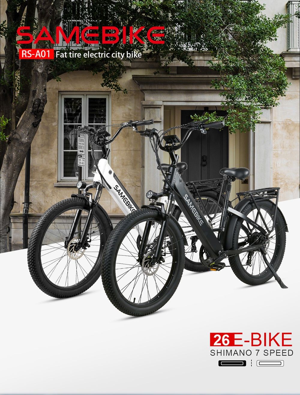 Samebike RS-A01 Electric Bike 750W Motor 70N.m 25-35km/h Max Speed 48V 14Ah Battery 26*3'' Tires With Rear Rack - White -rockbros-shop Samebike RS A01 Electric Bike White 519517 0