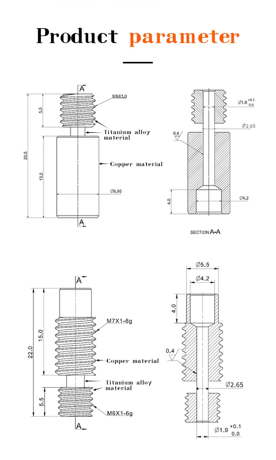 TWO TREES Heatbreak Throat For V6 Hotend Vocano Heater Block 1.75mm Filament Remote Feeding 3D Printer - Smooth Version -BioloMix Shop TWO TREES Heatbreak Throat for V6 Hotend Smooth Version 519511 1