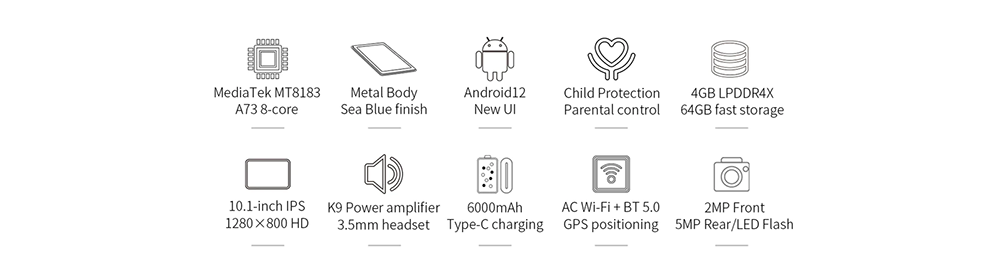 Teclast P30S Tablet 10.1 Inch 1280x800 IPS Android 12 4GB RAM 64GB ROM MT8183 8 Cores GPS Type-C 6000mAh Battery