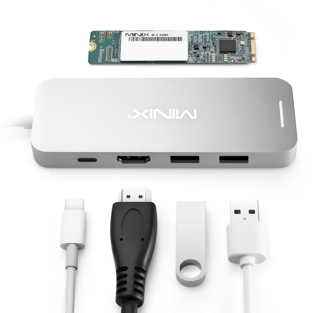 MINIX NEO S2, MINIX NEO 240GB SSD Storage, Aluminum USB-C Multiport Solid State Drives Storage Hub with Type-C to HDMI Display Output 4K @ 30Hz, 2 x USB 3.0 and USB-C for Power Delivery, Compatible for Apple MacBook - Silver
