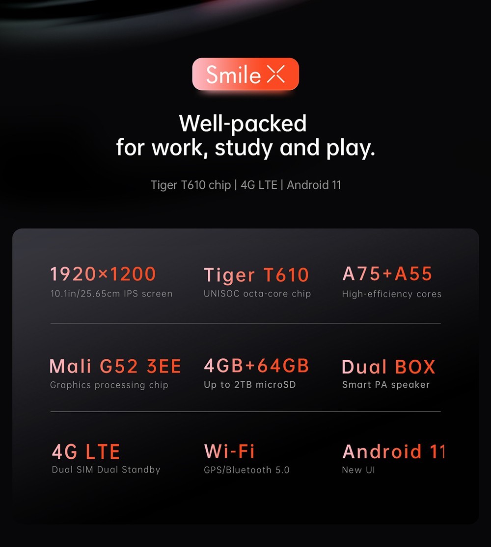 ALLDOCUBE Smile X 10.1 inch Tablet Octa-core Chip, 4GB RAM 64GB ROM, Android 11, 5G WiFi, 6000mAh Battery, 5MP + 2MP Cameras