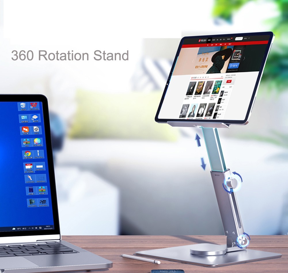 Desk Tablet Stand 360 Degree Rotatable Metal Adjustable & Foldable Holder Mount for iPad Pro, Air, Mini, Samsung, Xiaomi, Huawei Tablet - Grey