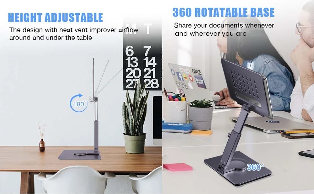 Desk Tablet Stand 360 Degree Rotatable Metal Adjustable & Foldable Holder Mount for iPad Pro, Air, Mini, Samsung, Xiaomi, Huawei Tablet - Grey