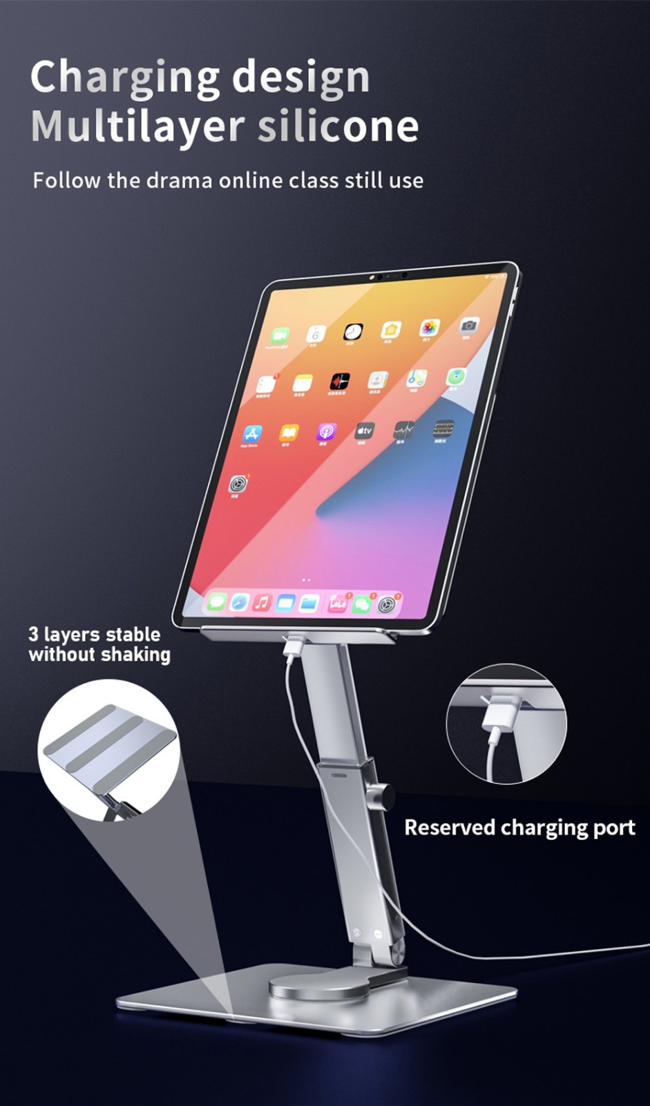 Desk Tablet Stand 360 Degree Rotatable Metal Adjustable & Foldable Holder Mount for iPad Pro, Air, Mini, Samsung, Xiaomi, Huawei Tablet - Grey