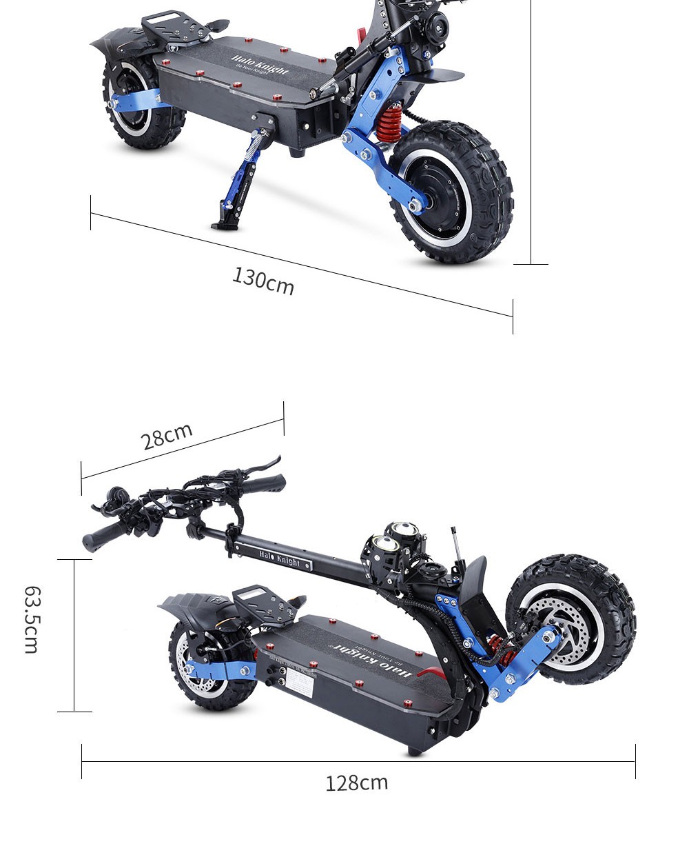 Halo Knight T108 Pro Electric Scooter 11'' Off-Road Tire 3000W*2 Motors 95Km/h Max Speed 60V 38.4Ah batéria 80km dojazd 200KG max. zaťaženie Predný & zadný smerový signál IPX4 vodotesný Duálne hydraulické brzdy Elektrická brzda