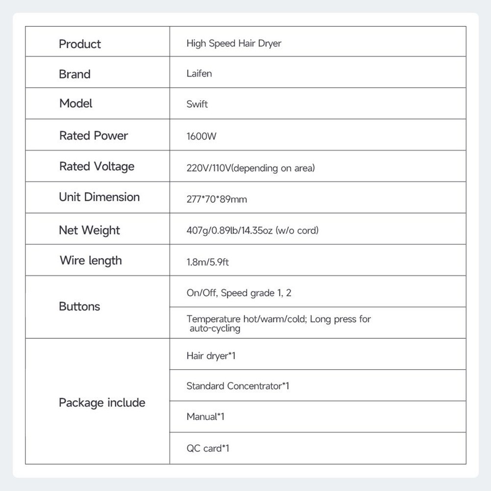 Laifen Swift 1600W High Speed Hair Dryer, Negative Ionic Blow Dryer, 110,000rpm Brushless Motor, 59dB Low Noise, 3 Color LED Light - Silver