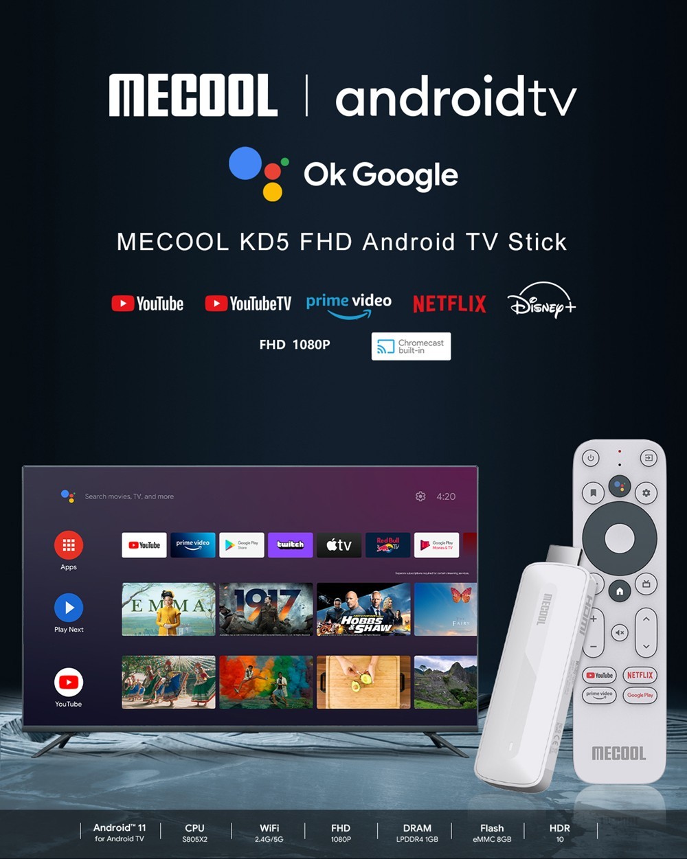 MECOOL KD5 TV Stick for Android 11 TV Version, Amlogic S805X2, 5GHz WiFi, Bluetooth 5.0, Support Youtube, Movies & TV Shows, Netflix Supported, Prime Video