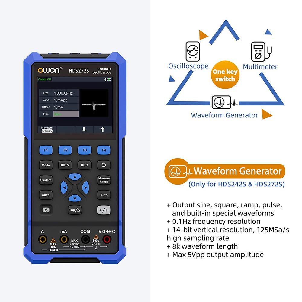 OWON HDS272S 3 in 1 Digital Oscilloscope Multimeter Signal Generator, 70MHz Bandwidth, 250MSa/s Sampling Rate, 20000 Counts - UK Plug