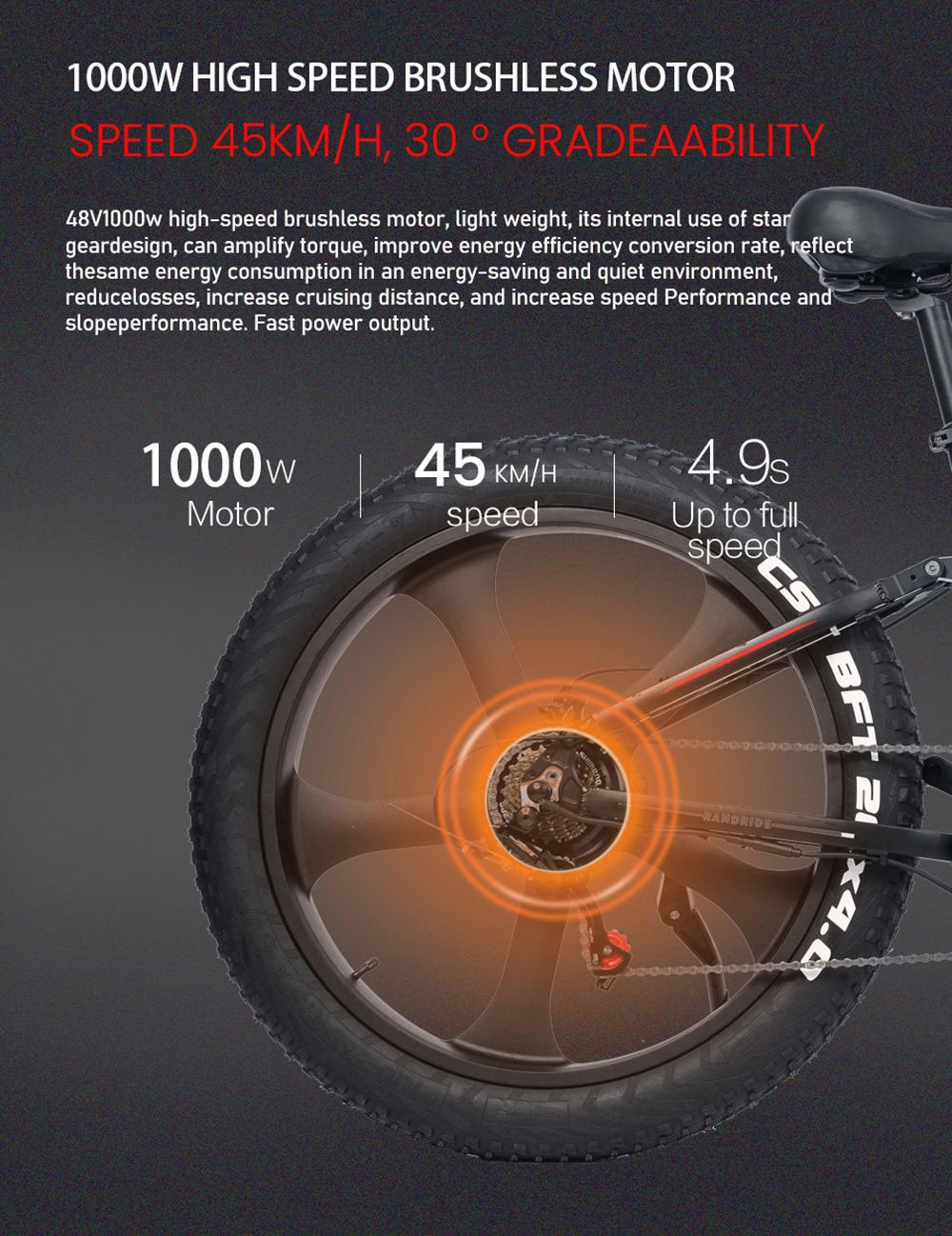 RANDRIDE YX26 Electric Bike 1000W Motor 45km/h Max Speed 48V 15Ah Battery 100km Max Range 26*4.0'' CST Fat Tires 150kg Load Shimano 7-Speed Gear