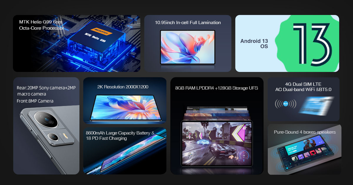 N-one NPad X 10.95'' 4G LTE Tablet, Dual SIM, MTK Helio G99 CPU, 8GB RAM 128GB ROM, Android 13, 5G WiFi, 8MP Front Camera, 20MP + 2MP Rear Camera, 8600mAh Battery, 18W PD Charging
