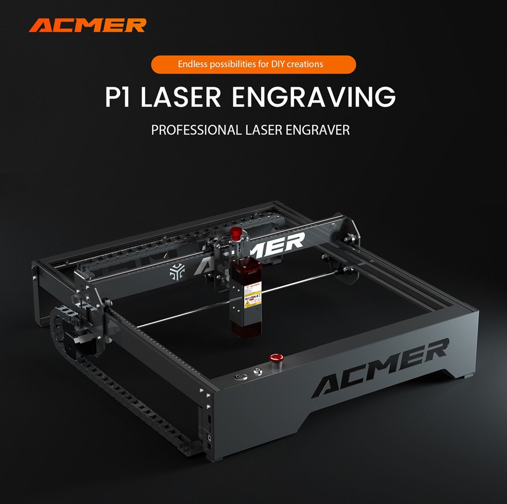 ACMER P1 10W laserová gravírovacia fréza, 0.05*0.06 mm bod, rýchlosť gravírovania 10000 mm/min, gravírovanie offline, 32-bitová základná doska, 400x410 mm