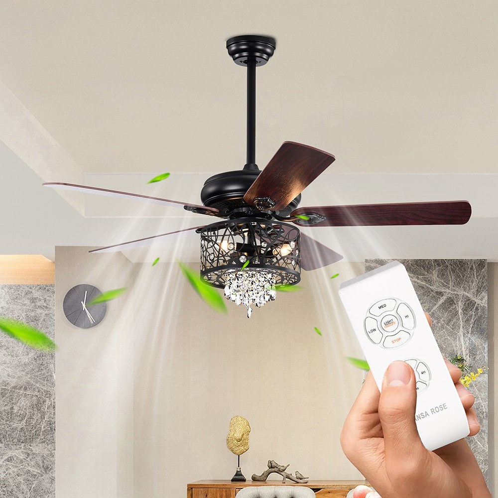 52 inch Crystal Ceiling Fan with Light and Remote Control Black